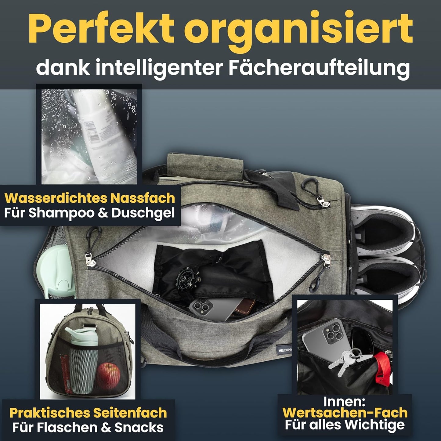 Herowerk Sporttasche mit Schuhfach und Nassfach - Trainingstasche für Frauen und Männer - 48x26x25 cm - 30L - Grün