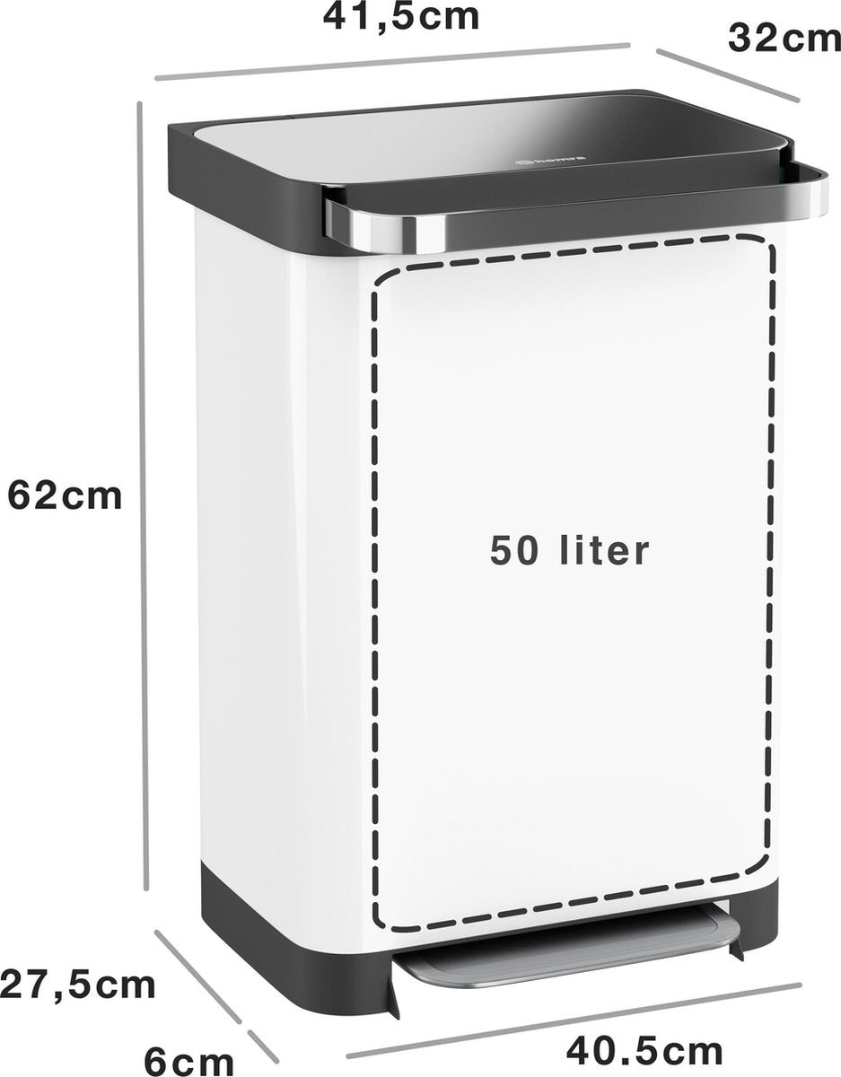 Homra Pullix Mülleimer mit Pedal - 50 Liter - Edelstahl - Weiß - Treteimer - Automatischer Luftfilter - Geruchskontrolle - 50L Fassungsvermögen - Soft Close Deckel