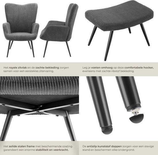 tectake® Ohrensessel mit Hocker - Skandinavischer Teddy Bouclé Sessel - Lounge und Wohnzimmersessel - Schwarze Metallbeine - Belastbarkeit 150kg - Cord - Grau