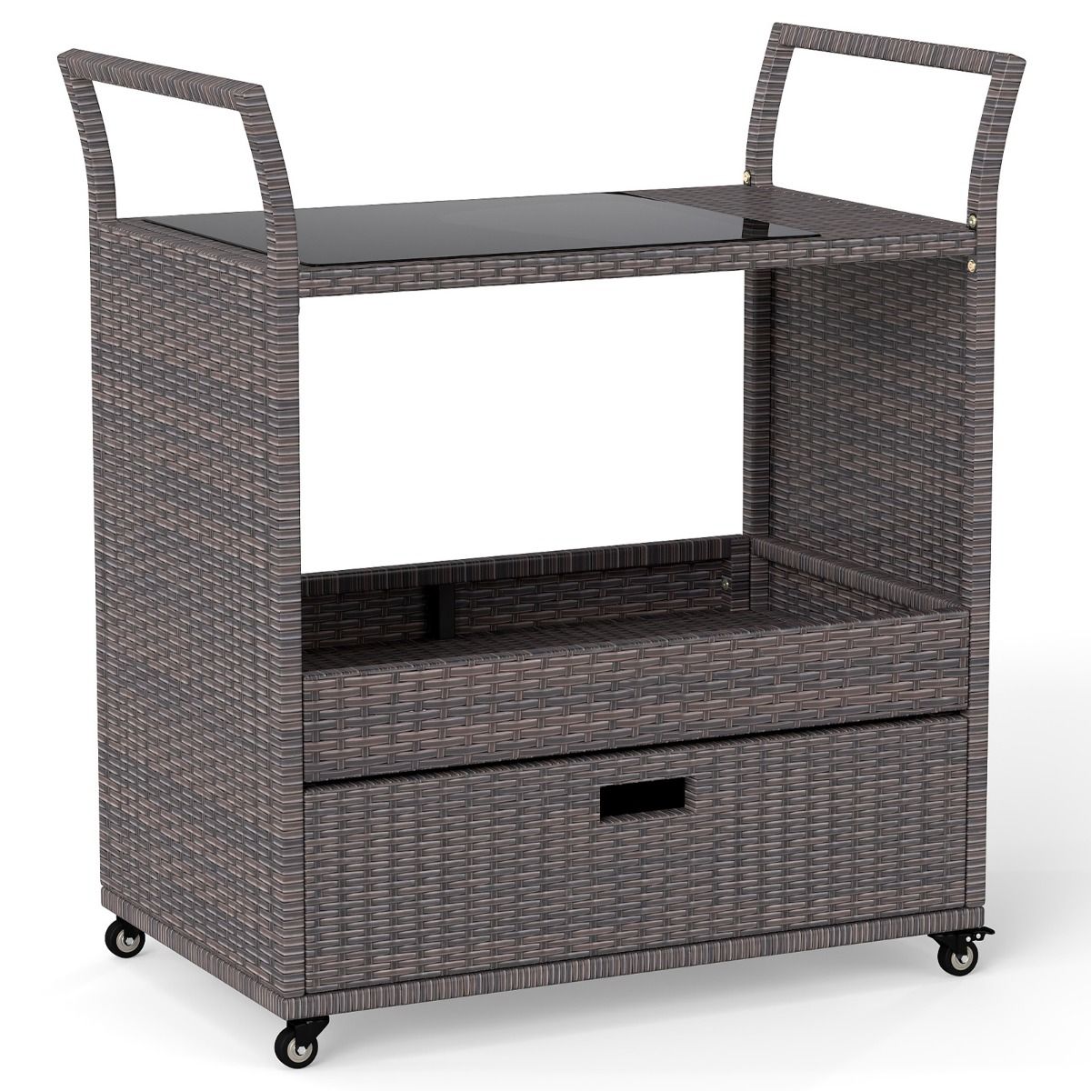 Coast Barwagen aus Korbgeflecht – mit Platte aus gehärtetem Glas – große Schublade und offenes Regal – braun – 85 x 47 x 92 cm