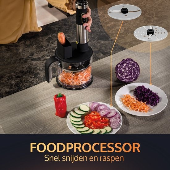 JAP Appliances ForceBlend F3 - 7in1 Stabmixer-Set (1500W) - Inklusive Küchenmaschine, Messbecher, Spiralschneider, Schneebesen und Rührbesen - Für Suppe, Fleisch, Smoothies und Baby-Snacks - Schwarz/RVS