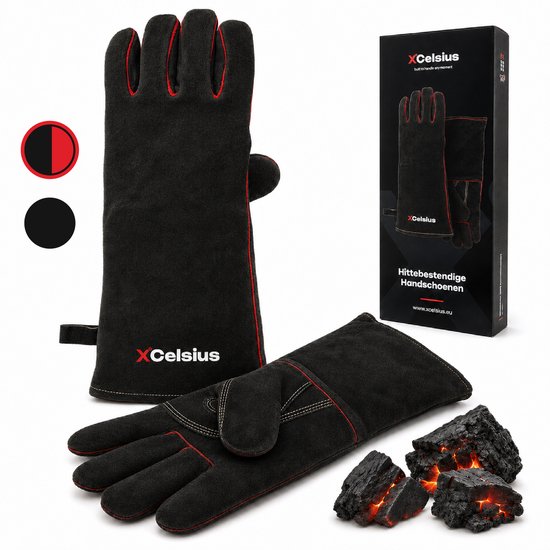 XCelsius® BBQ-Handschuhe aus Spaltleder – TÜV-zertifiziert nach EN 407 – Hitzebeständige Grill- und Ofenhandschuhe – Für Kamado, Gusseisen, Roste und Hitzeschilde – Geschenke für Männer – 1 Paar – Schwarz mit Rot