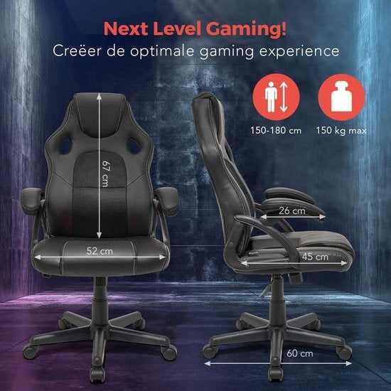 LifeGoods Gaming Stuhl - Einstellbar - Gaming Stuhl - Kunstleder - Schwarz