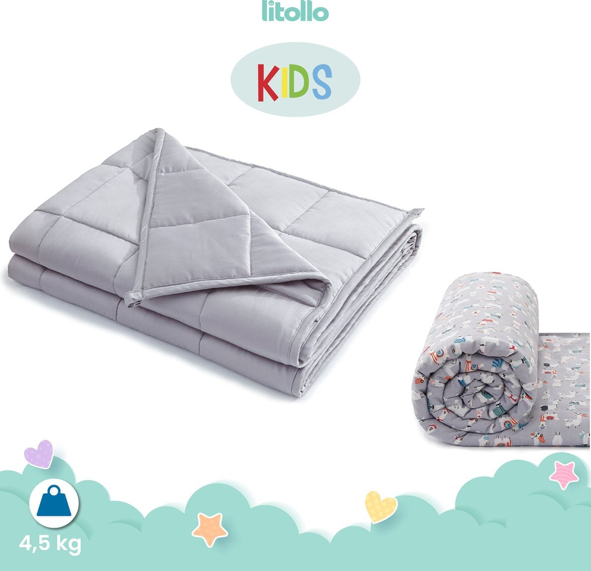 Litollo Dämpfungsdecke Kind 4,5 kg mit Tiermuster Outdoor-Bezug - Langlebiges Bambusmaterial - Grau - 100x150cm
