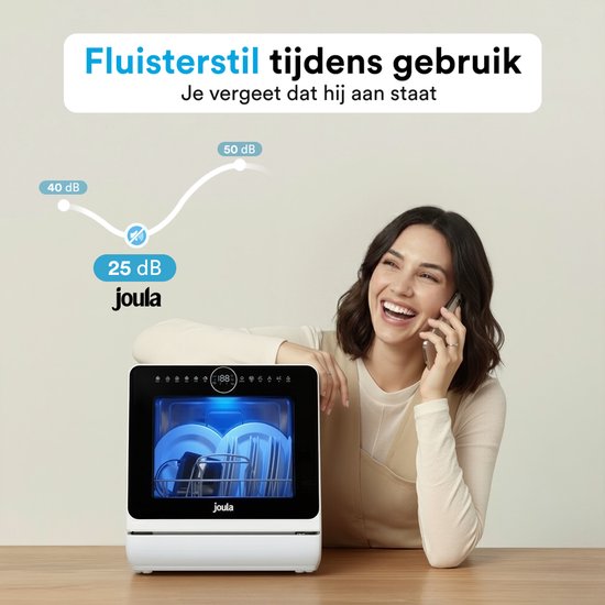Joula Freistehender Mini-Geschirrspüler - Mit Wassertank - 7 Waschprogramme - 5 Programme - Kleiner Geschirrspüler - Schmaler Camping-Geschirrspüler Freistehend - 43x43x46 cm - Weiß