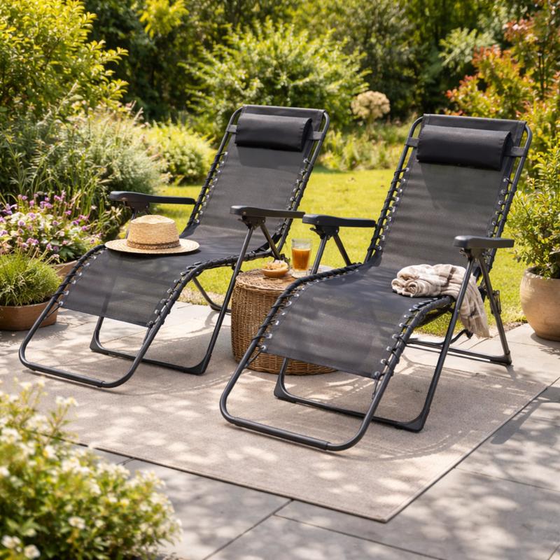 Luxuriöses Gartenstuhl-Set (2er-Set) – zusammenklappbar mit Kissen – Stahl – Schwarz