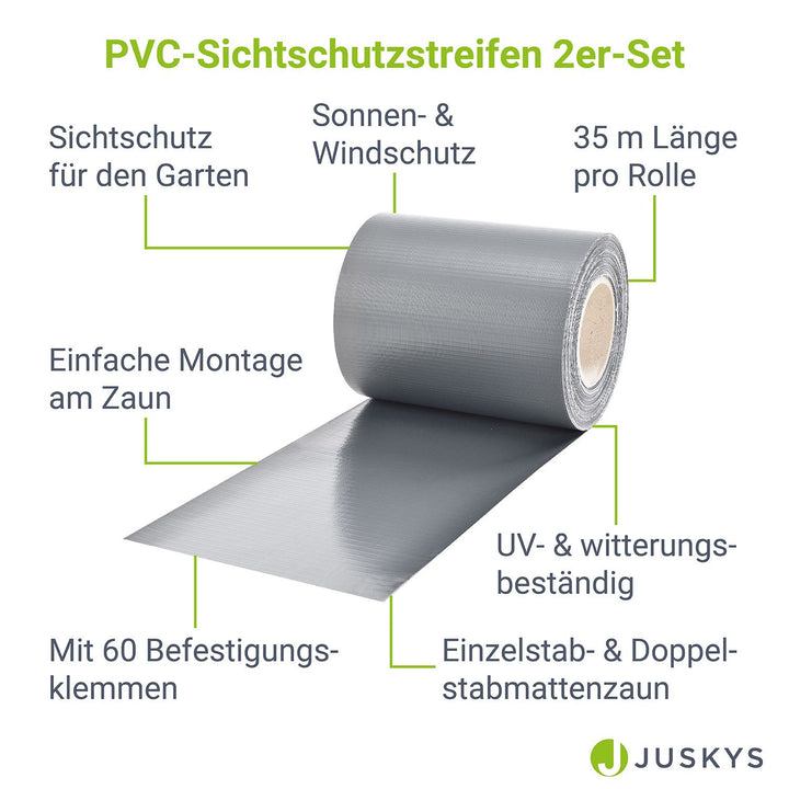 Juskys Sichtschutzstreifen - Satz mit 2 Rollen - wetter- und wasserbeständig - hellgrau