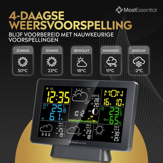 MostEssential Wetterstation Wifi Edition - Drahtlose Wetterstation mit Außensensor - Hygrometer - Innen und Außen - 150 Meter Reichweite - Inklusive App - Schwarz - 2 Sensoren