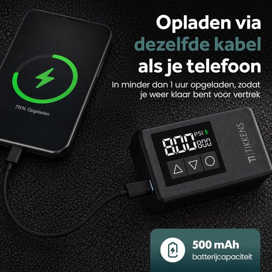 Tikkens® AirGo Elektrische Fahrradpumpe XS – Mini-Luftkompressor – 118 Gramm – Tragbar – Digitalanzeige – Rennrad – Gravelbike – Sportfahrrad – Citybike – Mountainbike – Roller – Fatbike – Über USB-C aufladbar – Presta/Schrader/Dunlop