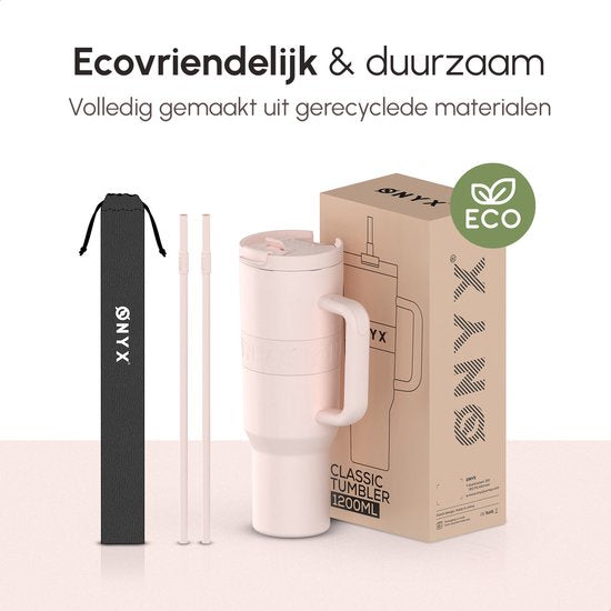 ONYX Trinkflasche mit Strohhalm 1,2 Liter - Wasserflasche für Kinder & Erwachsene - Thermosbecher Reisebecher - Motivationstrinker - Trinkbecher für die Schule - Pink
