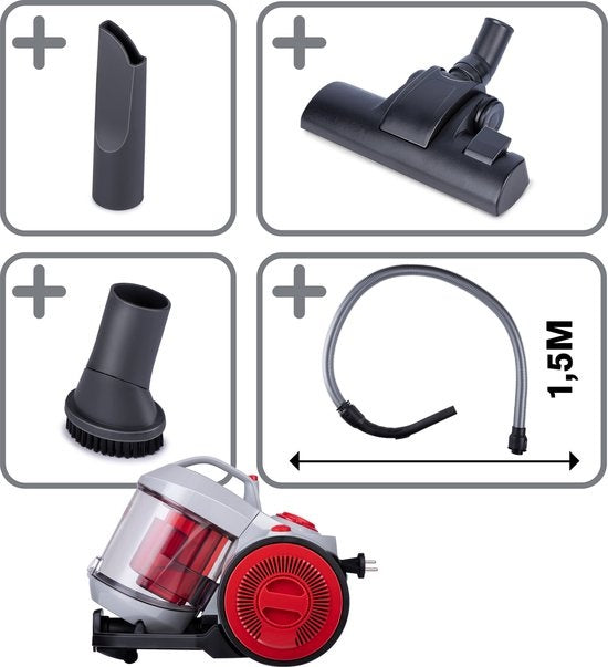 Dirt Devil Staubsauger ohne Beutel - V8221 - 800W - HEPA 12 Filter - Reichweite von 7.5M - mit Kombibürste, Kierzuugmond und Möbelaufsatz - 4.3KG - Staubsammelbox 2.2L - Grau/Rot