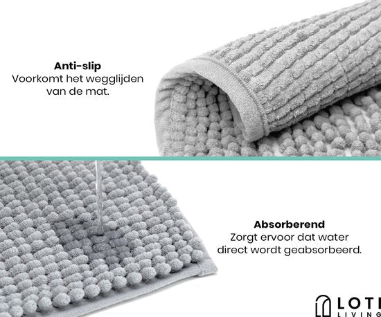 Loti Living Anti-Rutsch Badematte - Duschmatte - Badezimmermatte - Bodenmatte - Chenille Badematte - Grau - 50x80 cm