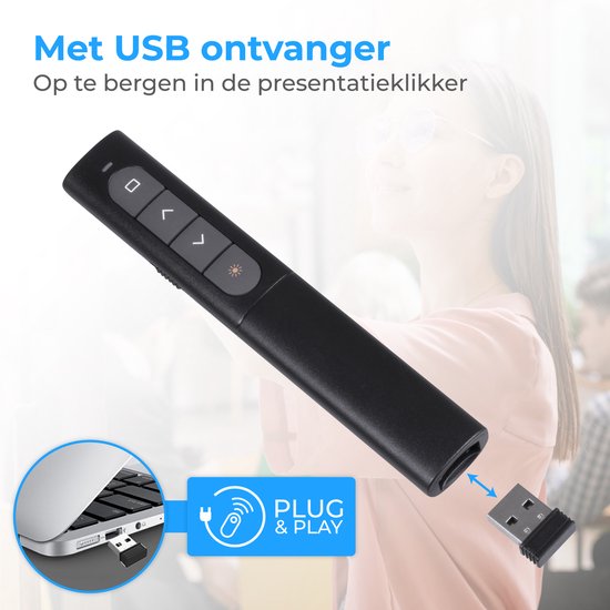 Nuvance - Presentation Clicker - Kabelloser Presenter für Präsentationen - USB Powerpoint-Fernbedienung mit Laserpointer - Schwarz