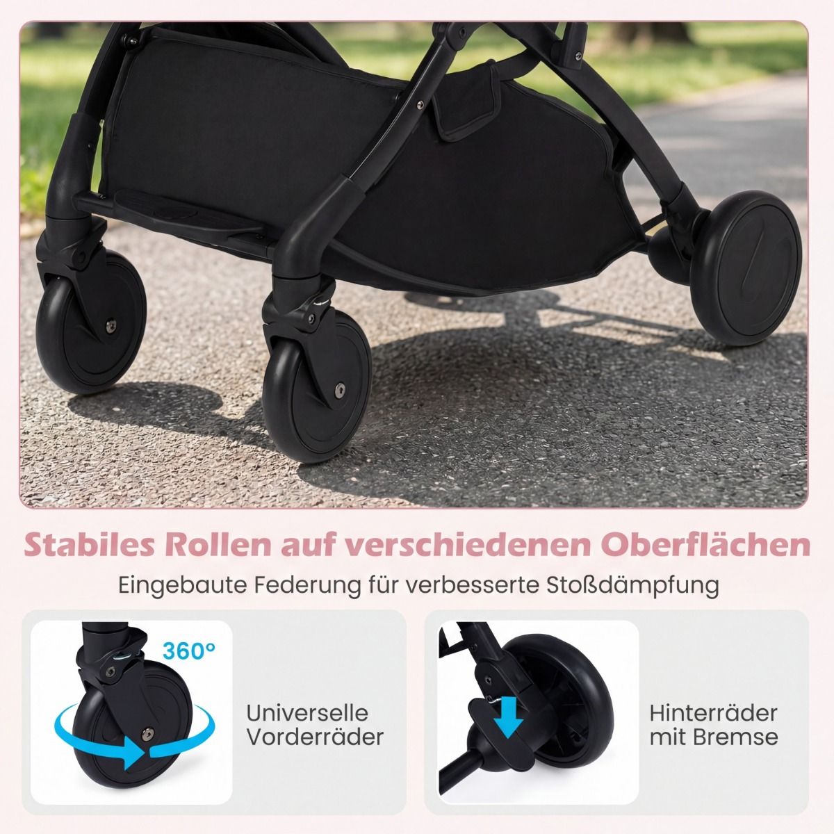 Coast Kinderwagen – zusammenklappbar – verstellbare Rückenlehne und Fußstütze – rosa