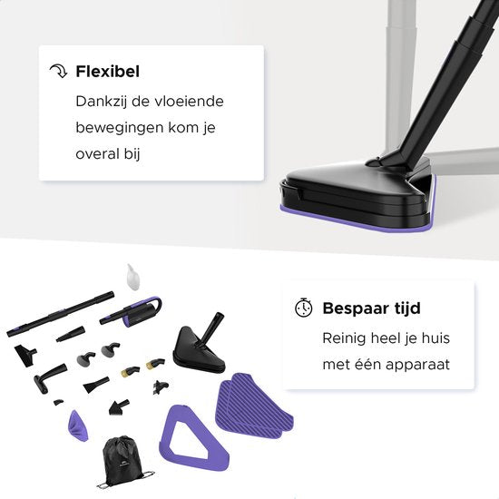 Motionflow 16-in-1 Dampfreiniger - Fleckenreiniger - Handdampfer zur Tiefenreinigung von Boden, Sofa, Bad und Teppich - Dampfmop - Teppichreiniger - Dampfreiniger Schwarz