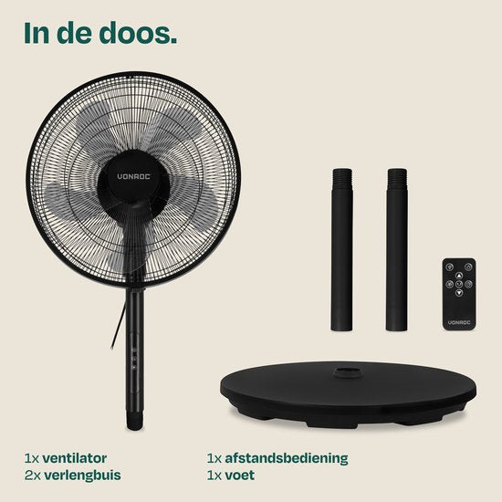VONROC Standventilator – Ø 45,5 cm – 3 Geschwindigkeitsstufen – Timer – in 3 Höhen verstellbar – inkl. Fernbedienung – schwarz