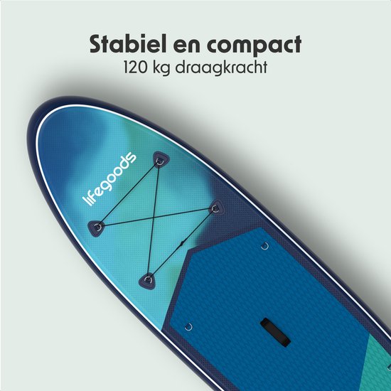 LifeGoods SUP-Board Allround Compact – 100 kg Tragkraft – 300 x 76 cm – Aufblasbar – Komplettes SUP-Set – Blau/Grün