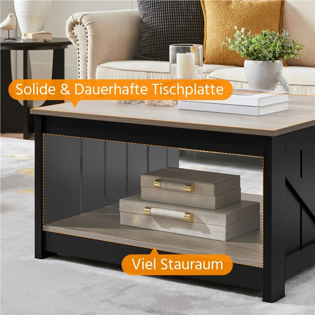 Yaheetech Couchtisch Quadratisch - 80 x 80 x 45 cm - Mit geräumigem Ablagefach und Scheunentür Design und Holzmaserung Furnier - Für Wohnzimmer und Sitzbereich - Grau E1 MDF