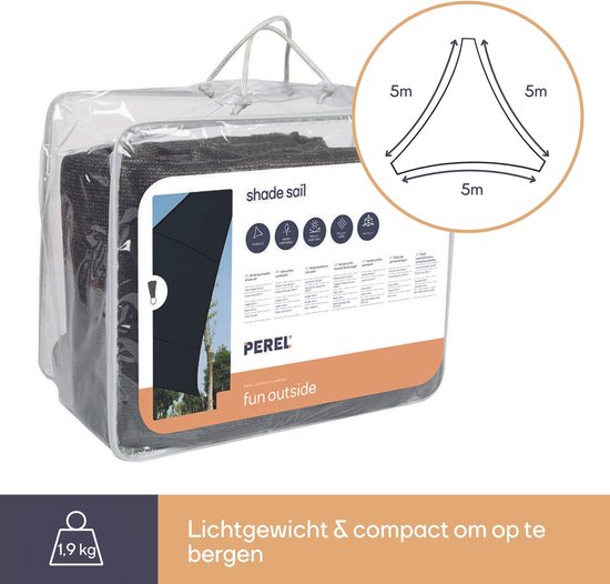 Perel Schattentuch, wasserdurchlässig, luftdurchlässig, 5 x 5 x 5 m, 180 g/m², HDPE, Dreieck, dunkelgrau