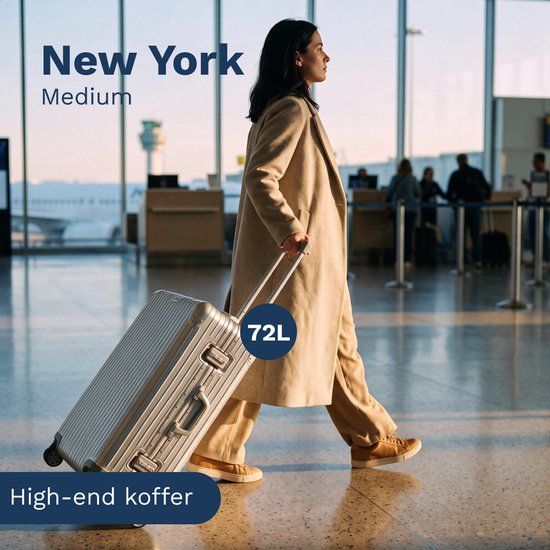 TRVLMORE Premium-Reisekoffer, mittelgroß – 65 x 43 x 26 cm – 360°-Spinner-Rollen – Doppeltes TSA-Zahlenschloss – Polycarbonat – Ohne Reißverschluss – 72 Liter – Silber