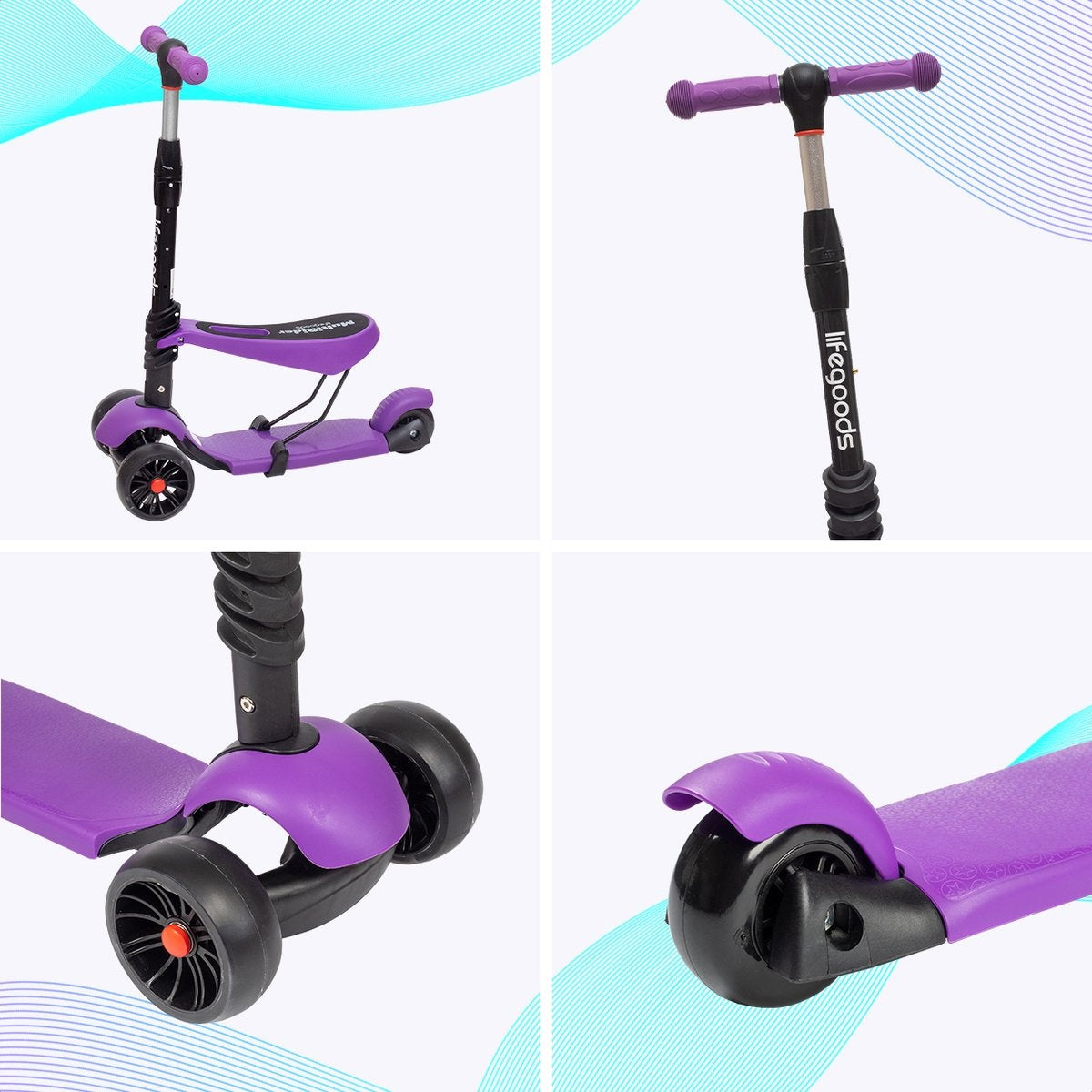 LifeGoods MultiRider Kinder-Roller - Stufe 3-8 Jahre - Verstellbarer Sitz - Leuchtende Räder - Jungen/Mädchen - Lila