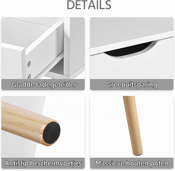 Yaheetech Nachttisch/Beistelltisch im skandinavischen Stil aus massivem Kiefernholz mit Schublade – 48,5 x 41 x 57,5 cm – Weiß