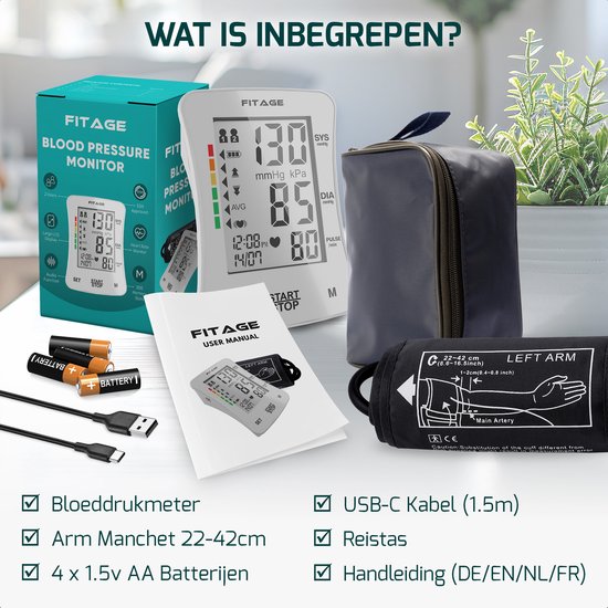 FITAGE Medical Oberarm-Blutdruckmessgerät - Blutdruckmessgeräte - Herzfrequenzmessgerät - Blutdruckmessgerät - Manschette 22-42cm - WEISS