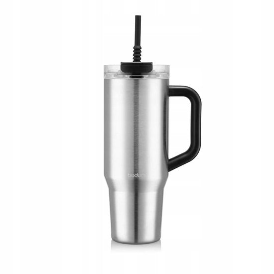 Markenloser Thermobecher mit Strohhalm und Henkel – 1,2 l, silberfarben