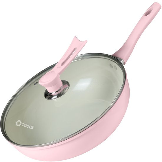 COOCK Wokpfanne Induktion 32cm - Spezial-Antihaftbeschichtung - Bratpfanne mit Deckel - Recyceltes Aluminium - Hellrosa/Weiß - Inklusive E-book