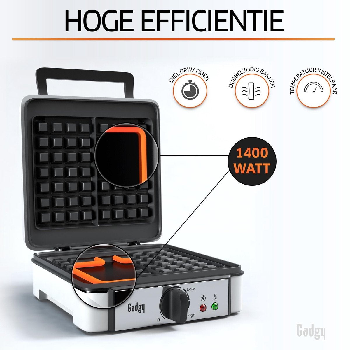Gadgy Waffeleisen - Waffeleisen für 2 große Brüsseler Waffeln - Antihaftbeschichtung - Temperatur einstellbar - Kontrollleuchte