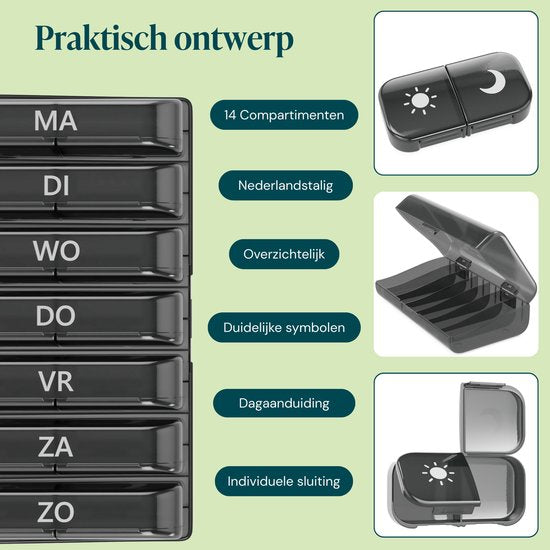 Gandria Tablettenbox 7 Tage, 2 Fächer – niederländischsprachig – Medikamentenbox mit stabilem Verschluss – herausnehmbare Tablettenfächer für unterwegs – schwarz
