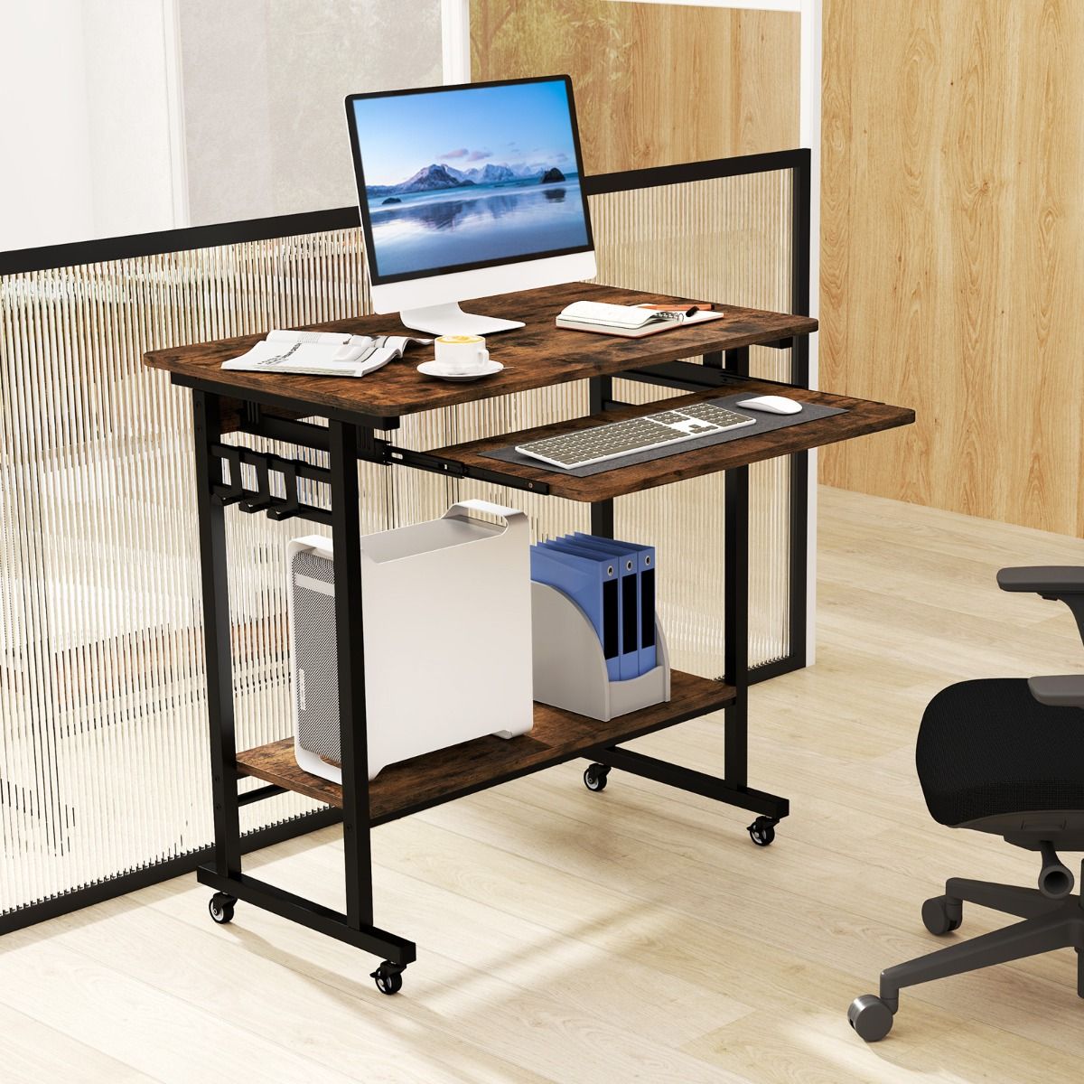Coast Computertisch auf Rollen – mit Tastaturablage und Ablagegestell – Vintage-Braun – 80 x 50 x 78 cm