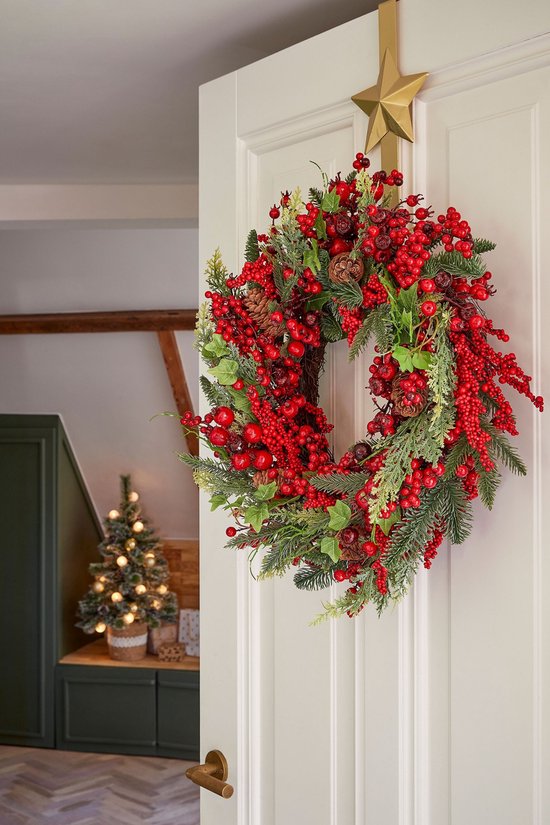 Mica Decorations Norah Weihnachtsdekoration – Weihnachtskranz mit Tannenzapfen und roten Beeren – Türkranz für den Flur, die Haustür oder das Fenster – Klassische Weihnachtsdekoration – H 11 x Ø 40 cm – Rot