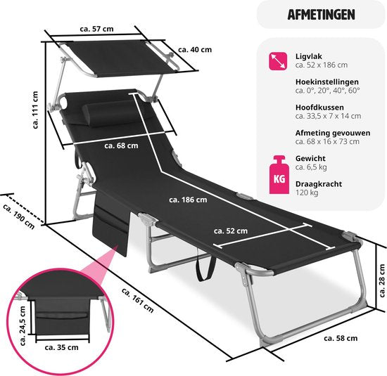 tectake Liege mit Seitentasche und abnehmbarem Kopfkissen - verstellbar - faltbar - 68 x 190 x 28 cm - Schwarz