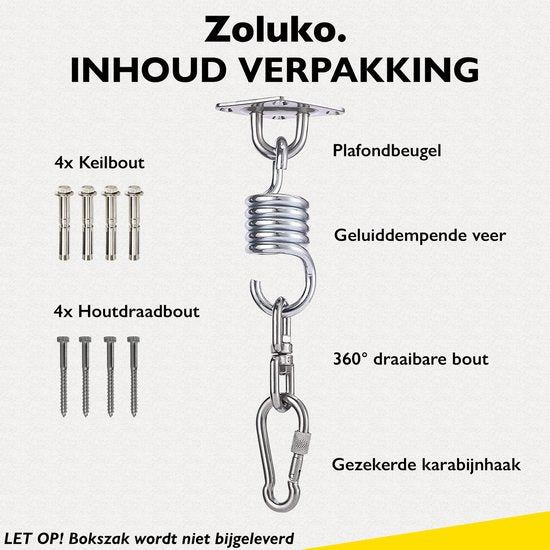 Zoluko Edelstahl-Aufhängesystem - 300 KG Tragkraft - 360° frei drehbar - schalldämpfende Feder - Boxsack-Aufhängesystem - Deckenhalterung - Deckenhaken - Aufhängehaken - Schraubhaken - Chrom
