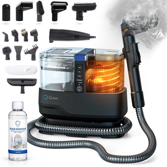 Qclean® Teppichreiniger GO+ 1800 W - All-in-1-Dampfreiniger & Fleckenentferner – Für Teppiche, Möbel, Küche und Bad – Selbstreinigend – Sitzmöbelreiniger – Sofarreiniger – Reinigungsgerät – Wasserstaubsauger – Inkl. Reinigungsmittel
