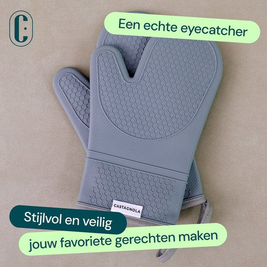 Castagnola Ofenhandschuhe - Hitzebeständige Überhandschuhe - Silikon-Ofenhandschuhe - Hitzebeständig bis zu 250°C - EN407 zertifiziert - Baumwolle - Grau