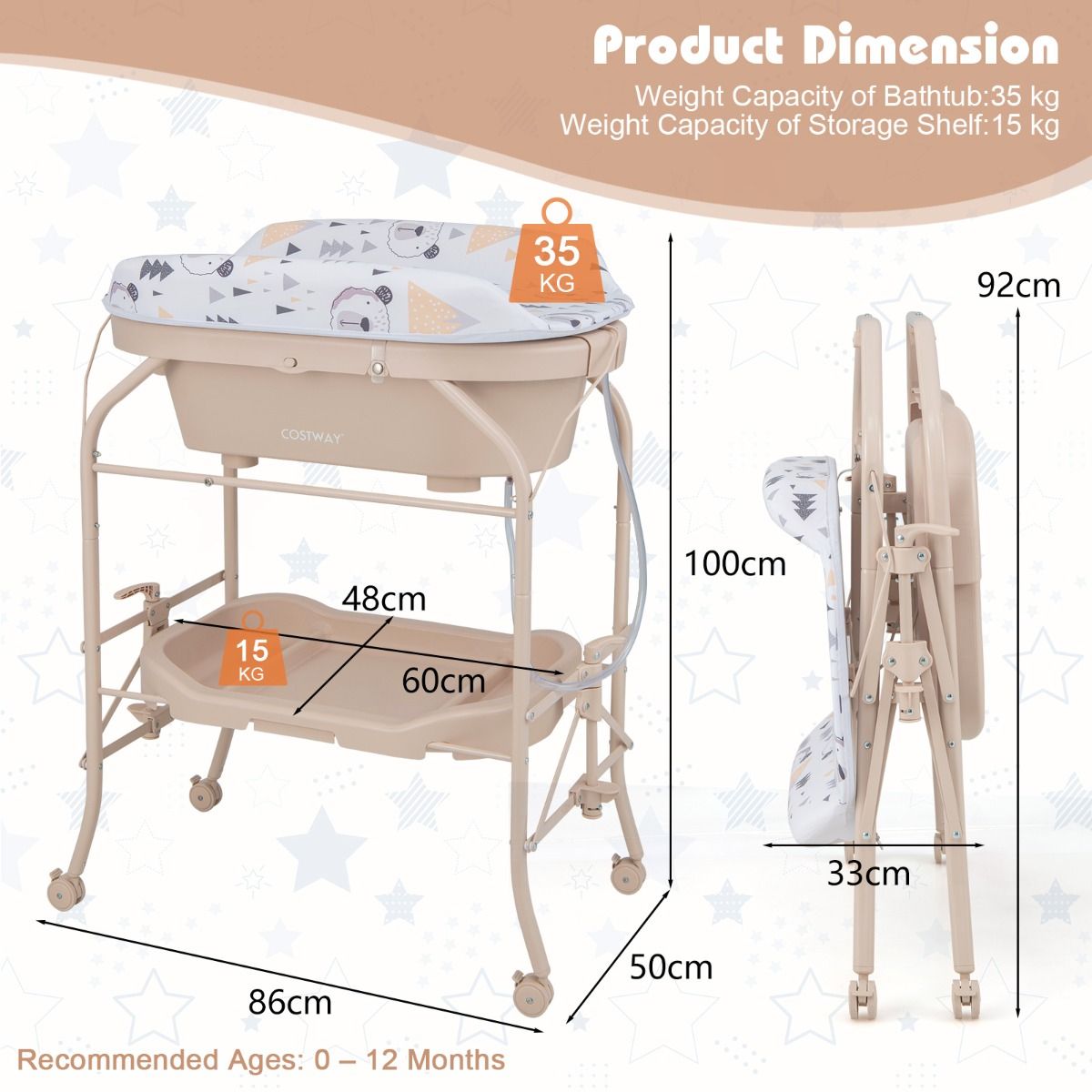 Coast 4-in-1-Wickelkommode - Mit Badewanne - Klappbar - 86 x 50 x 100 cm - Beige