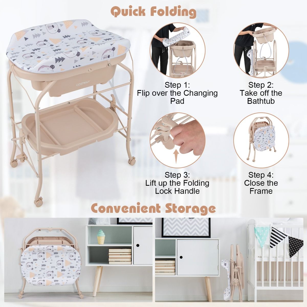 Coast 4-in-1-Wickelkommode - Mit Badewanne - Klappbar - 86 x 50 x 100 cm - Beige