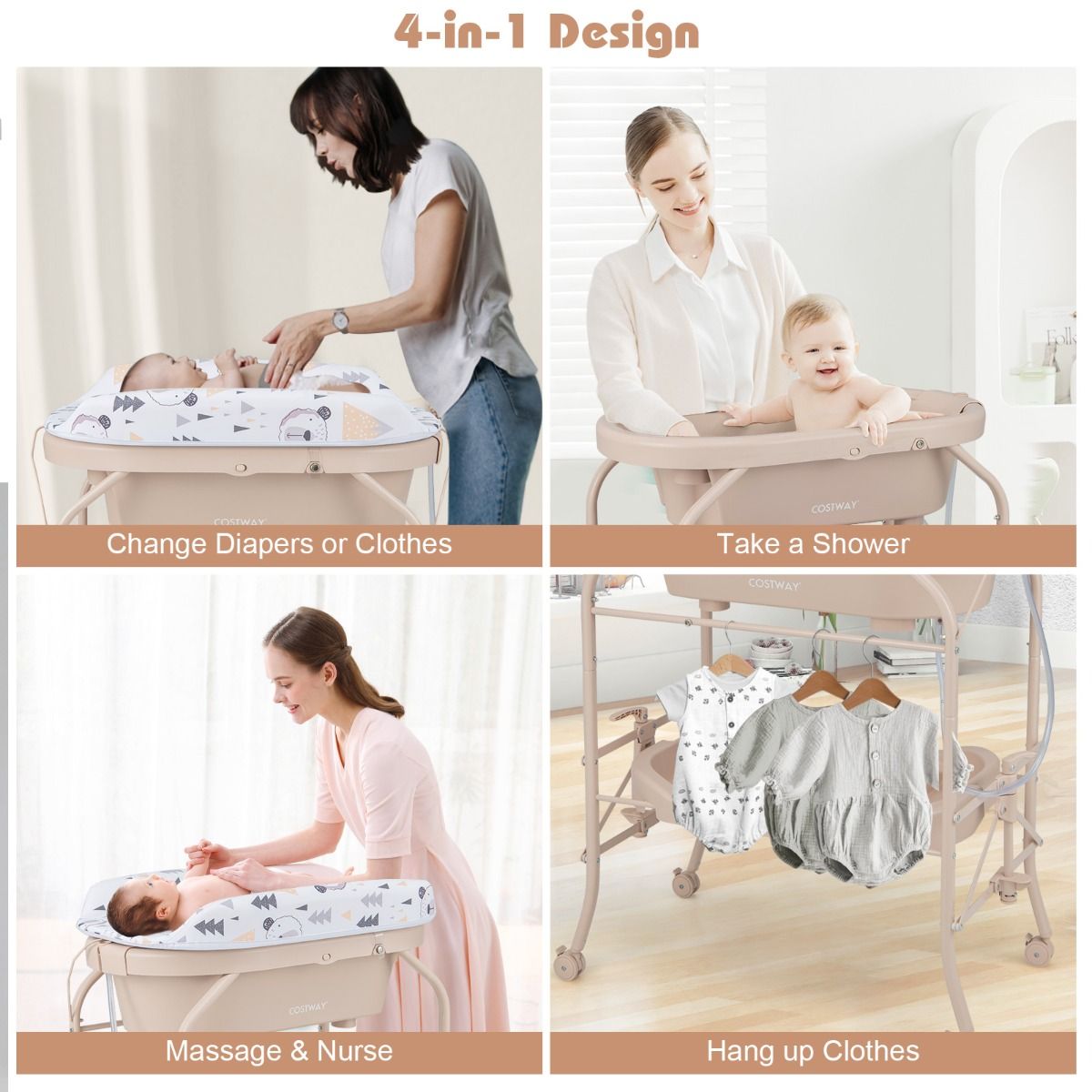 Coast 4-in-1-Wickelkommode - Mit Badewanne - Klappbar - 86 x 50 x 100 cm - Beige