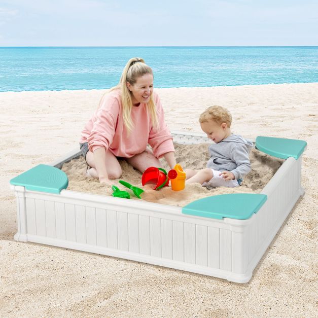 Coast Sandbox White - Quadratischer HDPE-Kindersandkasten mit 4 Ecksitzen und Abdeckung - 123,5 x 123,5 x 31,5 cm