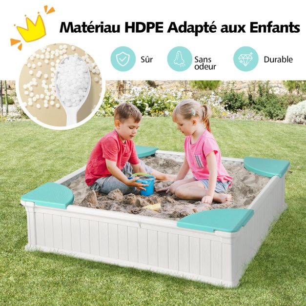 Coast Sandbox White - Quadratischer HDPE-Kindersandkasten mit 4 Ecksitzen und Abdeckung - 123,5 x 123,5 x 31,5 cm
