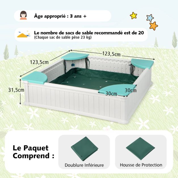 Coast Sandbox White - Quadratischer HDPE-Kindersandkasten mit 4 Ecksitzen und Abdeckung - 123,5 x 123,5 x 31,5 cm