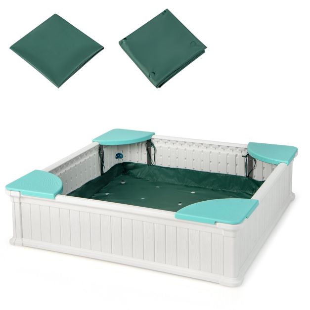Coast Sandbox White - Quadratischer HDPE-Kindersandkasten mit 4 Ecksitzen und Abdeckung - 123,5 x 123,5 x 31,5 cm