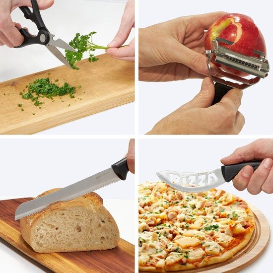 KitchenBrothers Messerset - Messerblock - 17-teilig - mit Küchenschere und Messerschärfer - rostfreier Stahl/Schwarz