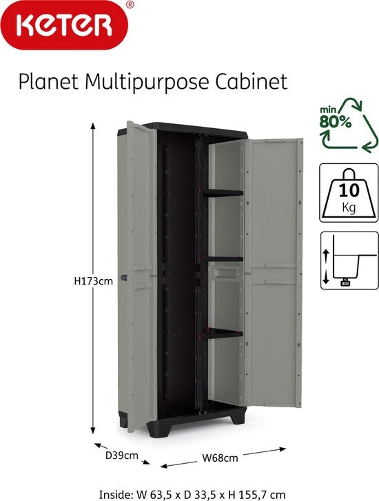 Keter Planet Hochschrank Mehrzweck - 3 Regale - 68x39x173cm - Grau/Schwarz - Recycelter Kunststoff