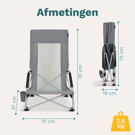 TRVLMORE Strandkorb - zusammenklappbar und faltbar - 130KG Tragkraft - leicht - mit Tragetasche und Becherhalter - hohe Rückenlehne - Grau