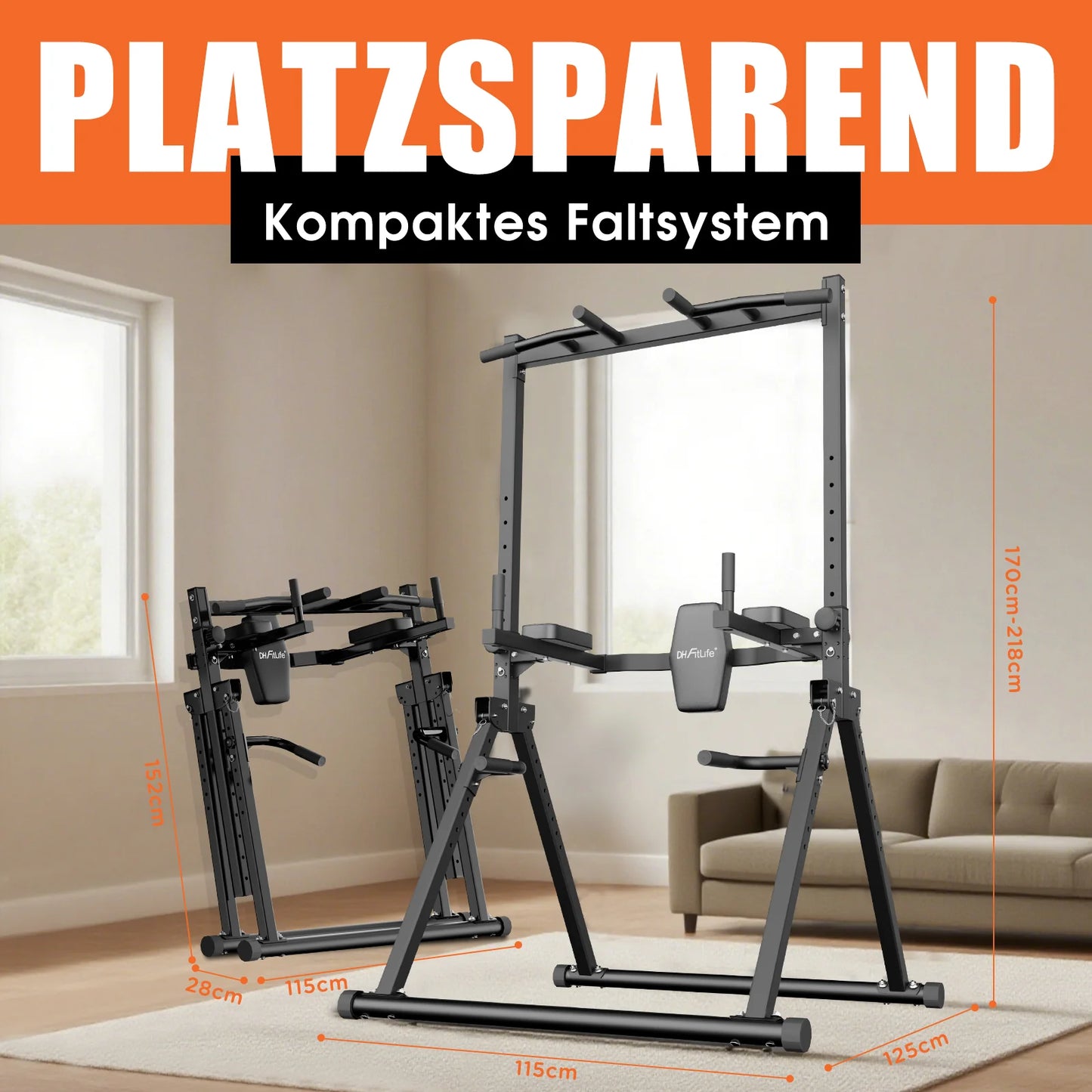 DH FitLife Faltbare Power Tower Dip-Station – Freistehende Klimmzugstange bis 150 kg für das Heimfitnessstudio