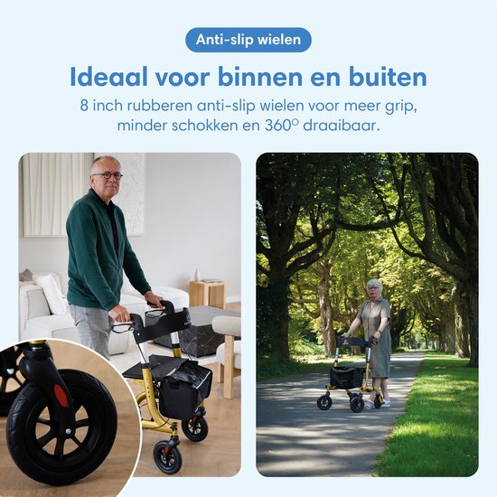 Safe Life® Rollator - Leicht und faltbar - Sitzfunktion - Für drinnen und draußen - Rückenlehne und Gehstockhalter - Gold