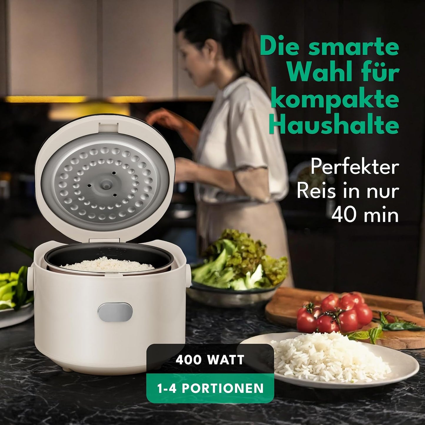 LEBENLANG Digitaler Reiskocher 0.8L Beige - Kompakter elektrischer Reiskocher mit Warmhaltefunktion, Timer & 5 Kochmodi - Für 2 bis 4 Personen - 30x26x22 cm